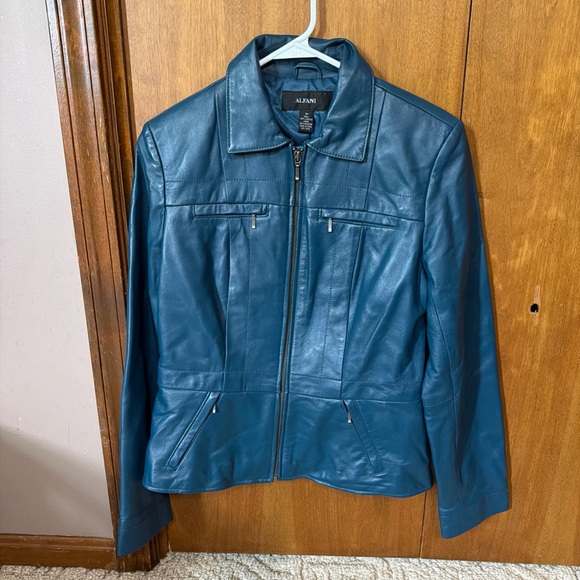 Alfani Teal Blue Leather Zip Jacket - Picture 3 of 9